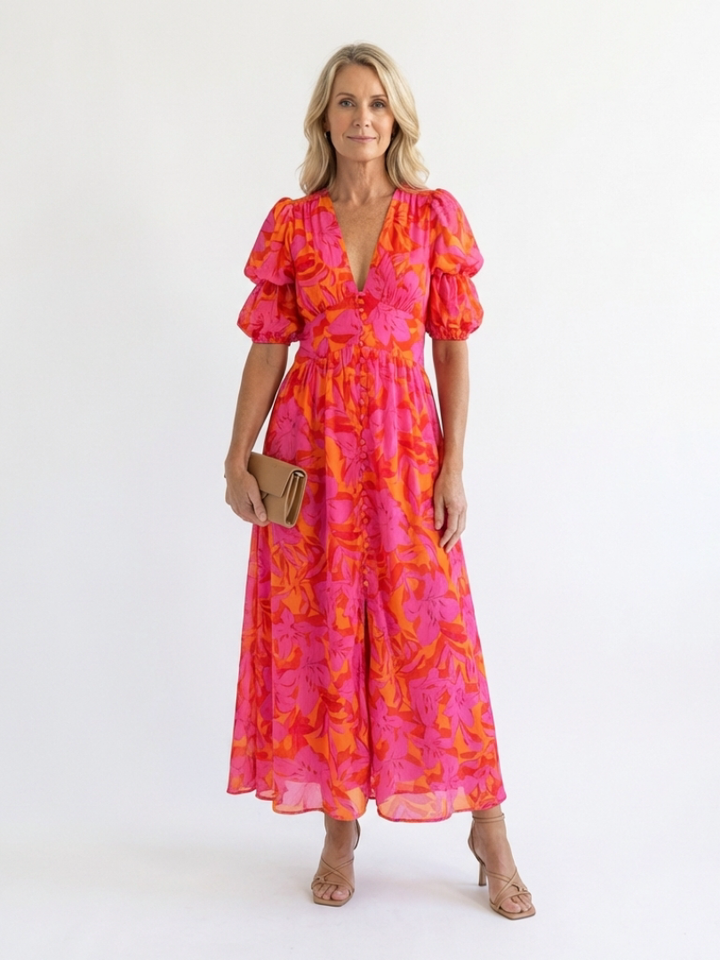 Hazel | Floral V Neck Puff Sleeve Midi Dress