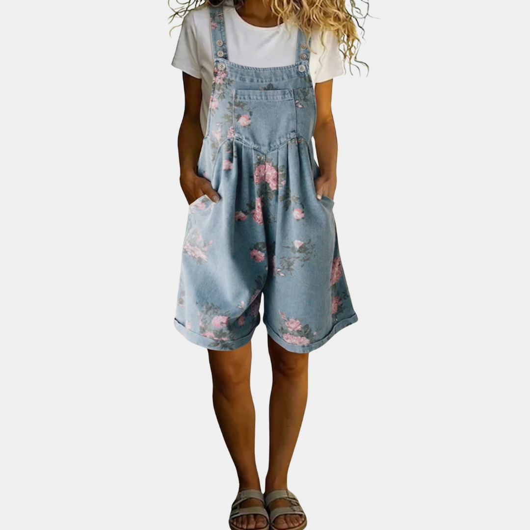 Adriana - Floral Denim Jumpsuit with Soft Cotton Touch and Vintage Wash