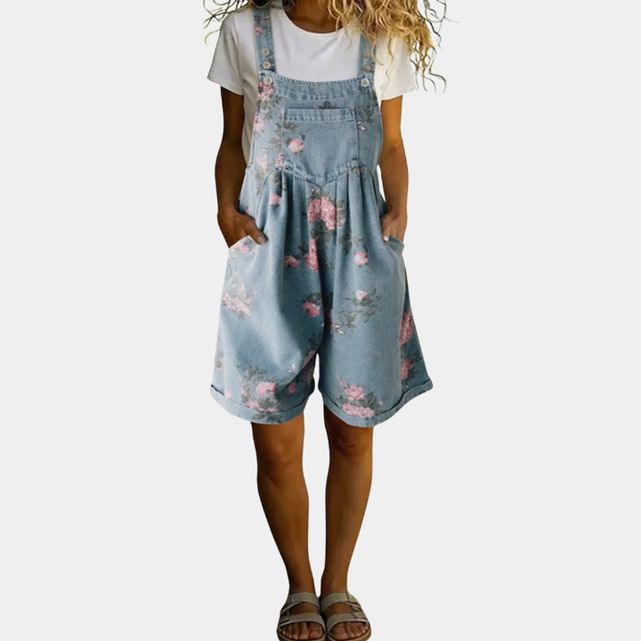 Adriana - Floral Denim Jumpsuit with Soft Cotton Touch and Vintage Wash