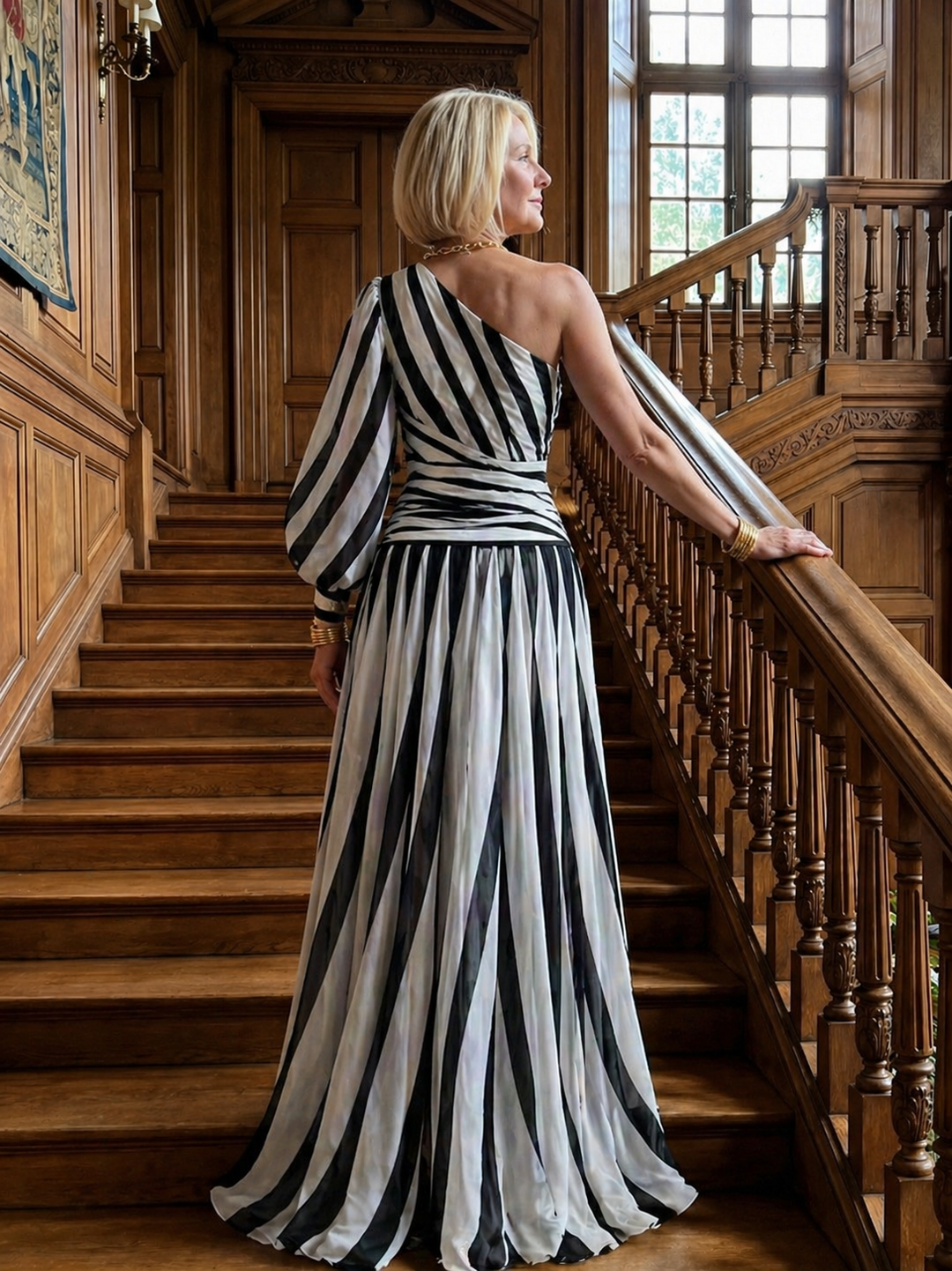 Ophira | Elegant Striped Maxi Dress with One Shoulder