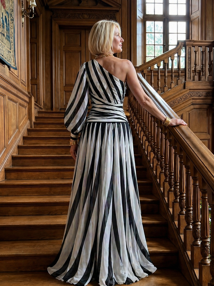 Ophira | Elegant Striped Maxi Dress with One Shoulder