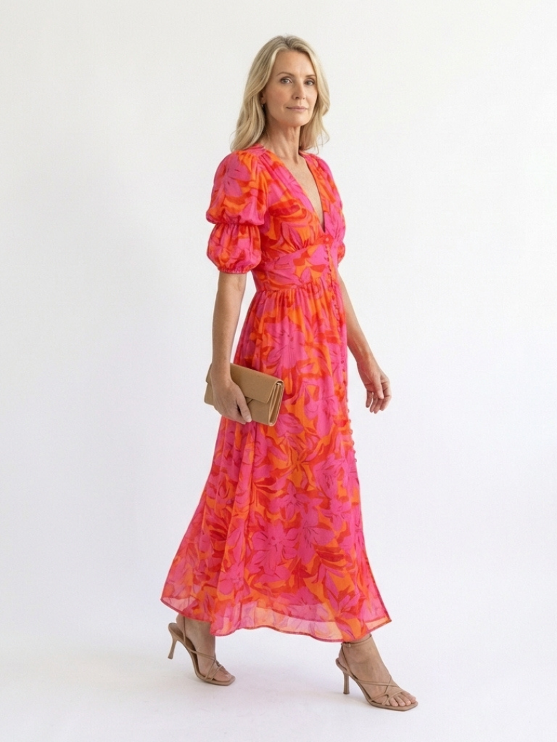 Hazel | Floral V Neck Puff Sleeve Midi Dress