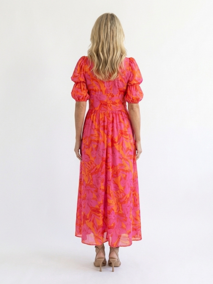 Hazel | Floral V Neck Puff Sleeve Midi Dress