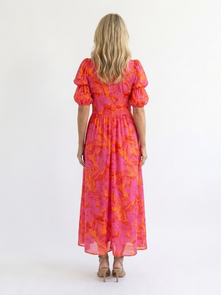 Hazel | Floral V Neck Puff Sleeve Midi Dress