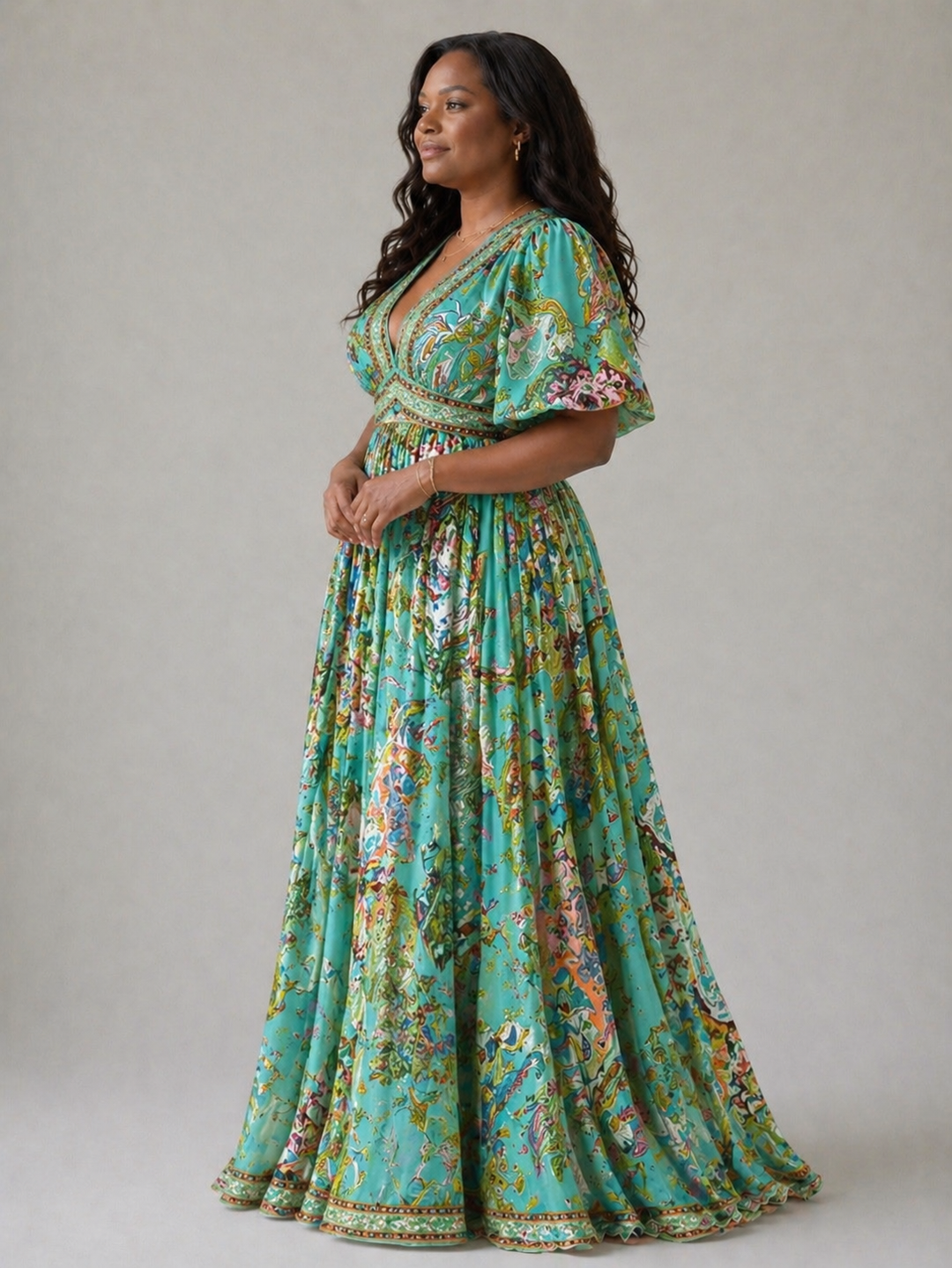 Seraphine | Airy Maxi Dress with Puff Sleeves and V-Neck