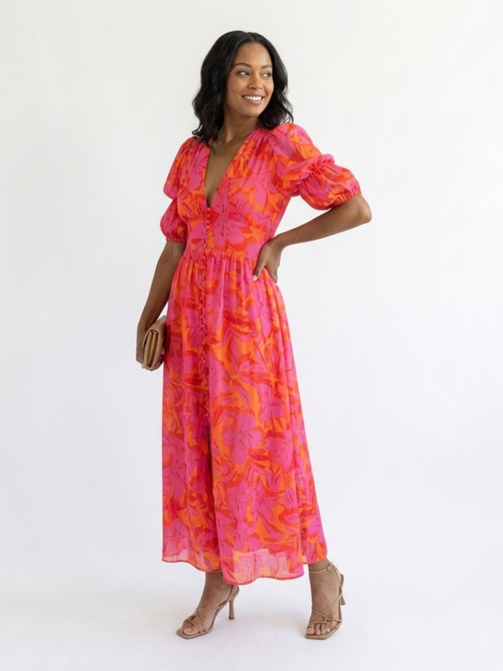 Hazel | Floral V Neck Puff Sleeve Midi Dress