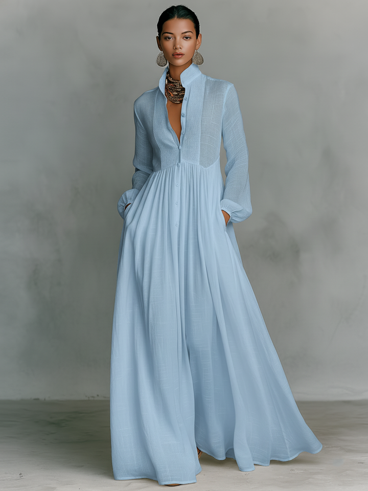 Maxi Minimalist Dress in Cotton & Linen with Patchwork, High Collar and Long Sleeves
