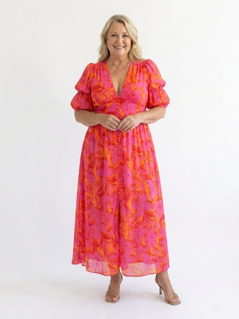Hazel | Floral V Neck Puff Sleeve Midi Dress