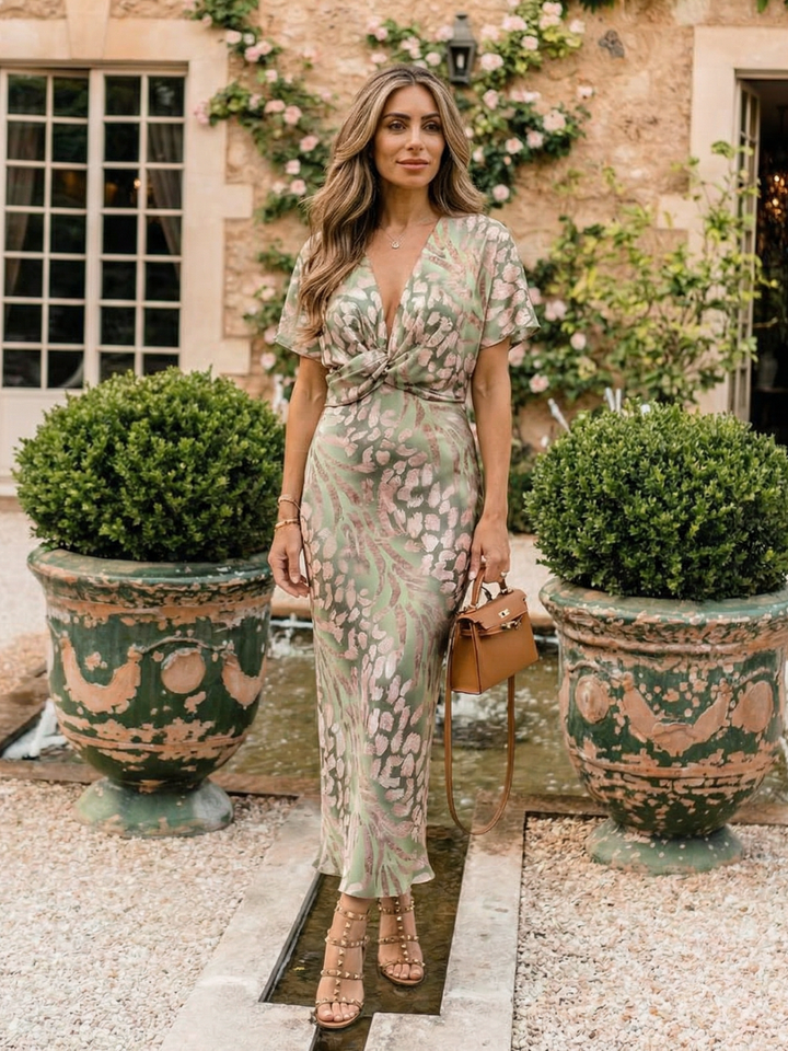 Delphine | Abstract Print V Neck Twist Waist Midi Dress