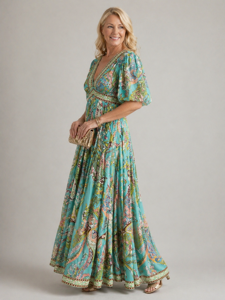 Seraphine | Airy Maxi Dress with Puff Sleeves and V-Neck