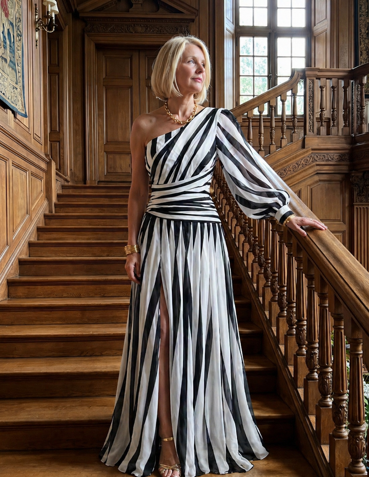 Ophira | Elegant Striped Maxi Dress with One Shoulder