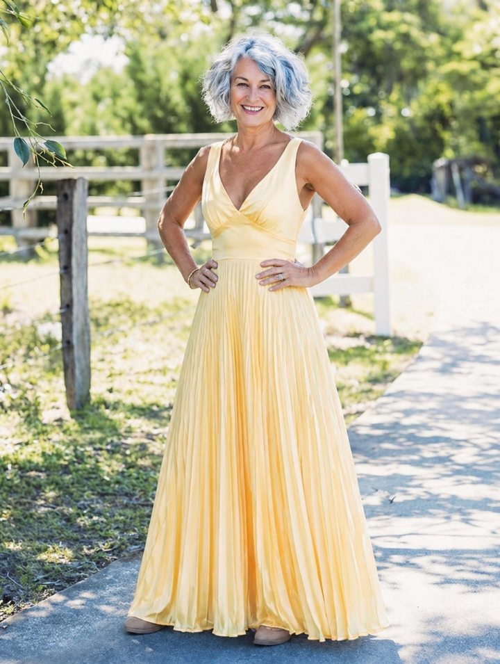 Clementine | Pleated V-Neck Maxi Dress