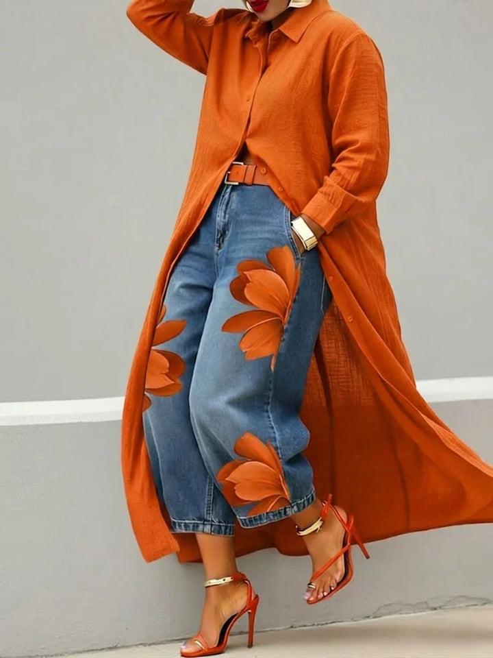 Belora - Embroidered Shirt and Wide-Leg Jeans