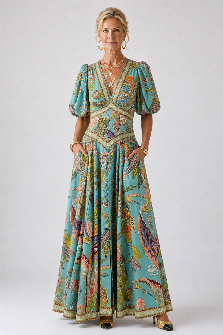 Seraphine | Airy Maxi Dress with Puff Sleeves and V-Neck