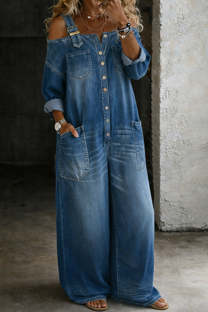 Sophia | Denim Dress with Off-the-Shoulder Sleeves