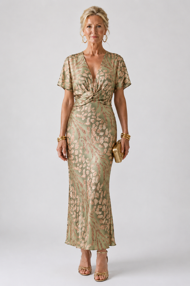 Delphine | Abstract Print V Neck Twist Waist Midi Dress