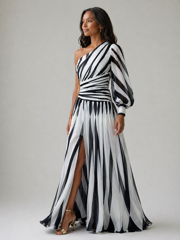 Ophira | Elegant Striped Maxi Dress with One Shoulder