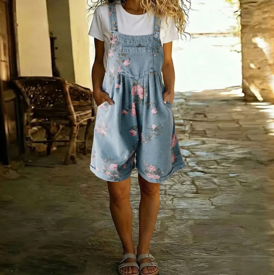 Adriana - Floral Denim Jumpsuit with Soft Cotton Touch and Vintage Wash