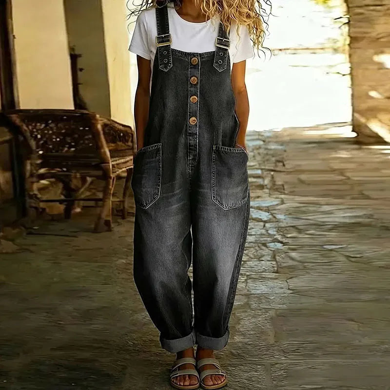 Carmen - Vintage denim jumpsuit in soft cotton with adjustable straps
