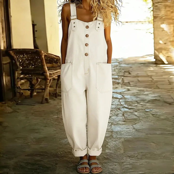 Carmen - Vintage denim jumpsuit in soft cotton with adjustable straps