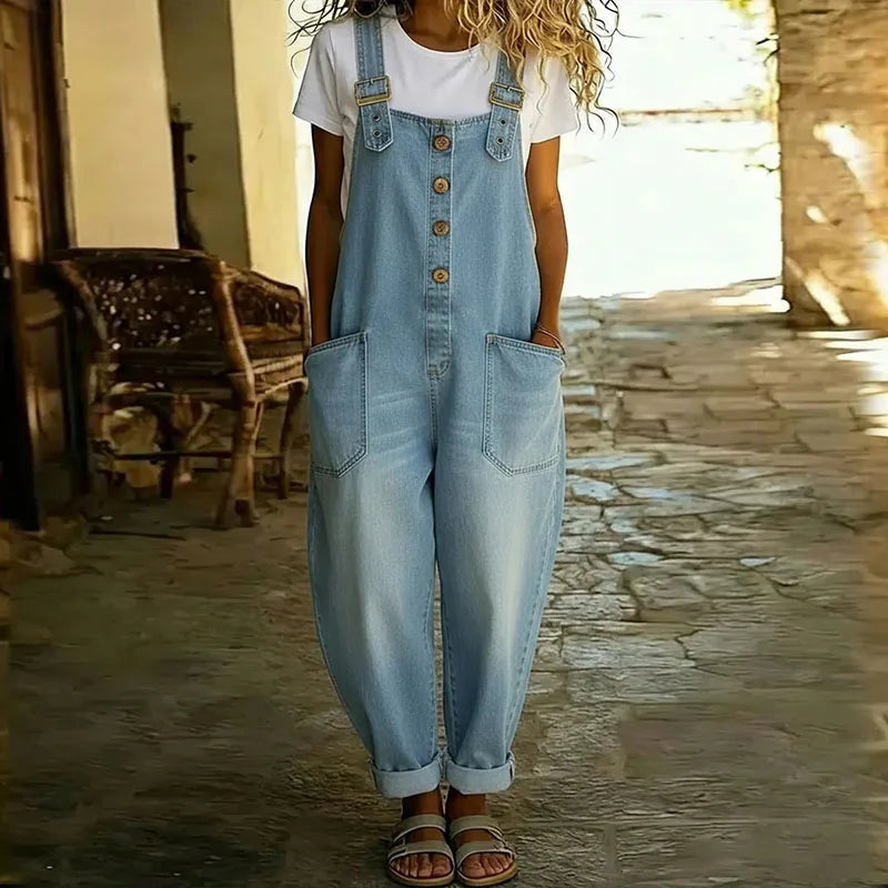 Carmen - Vintage denim jumpsuit in soft cotton with adjustable straps