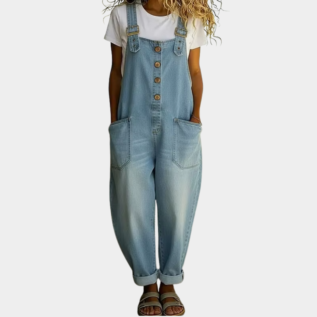 Carmen - Vintage denim jumpsuit in soft cotton with adjustable straps