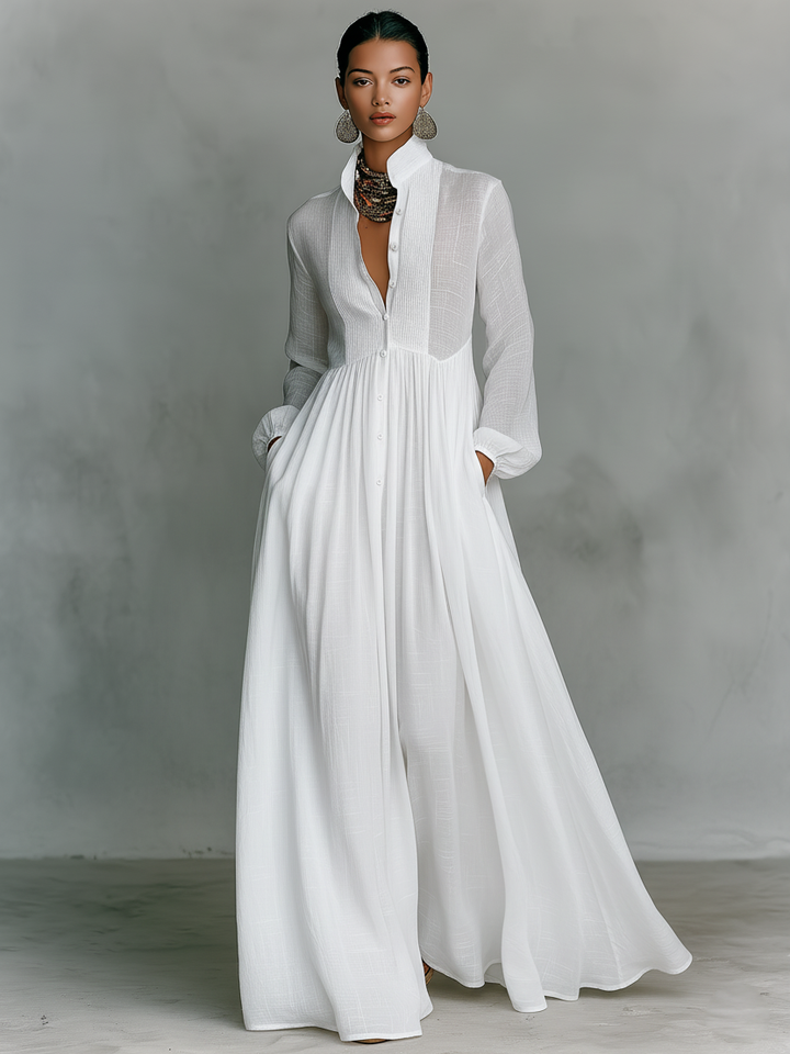 Maxi Minimalist Dress in Cotton & Linen with Patchwork, High Collar and Long Sleeves