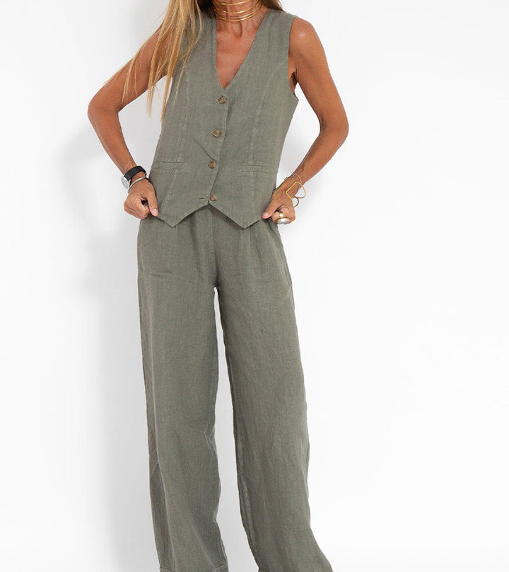 Aira™ – Buttoned Vest &amp; Wide-Leg Trousers Set