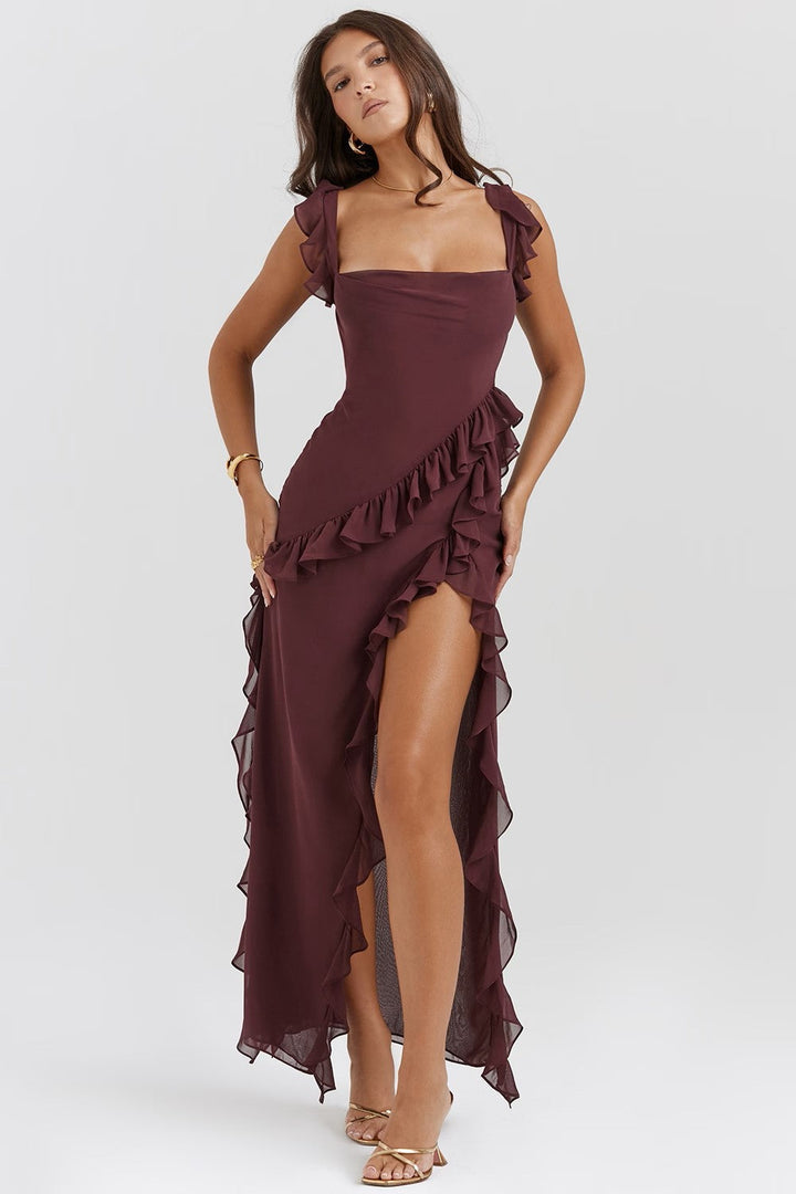 Soho | Square Neck Thigh-High Slit Ruffle Side Maxi Dress