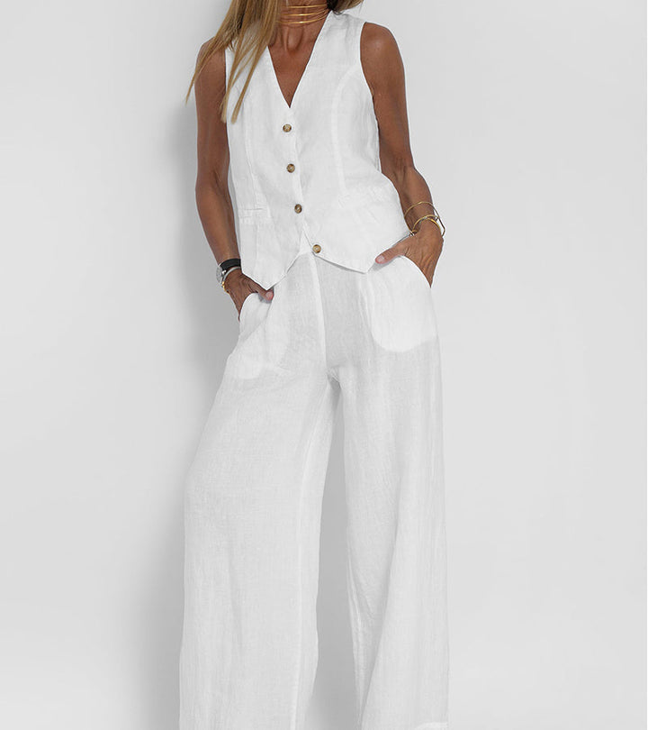 Aira™ – Buttoned Vest &amp; Wide-Leg Trousers Set