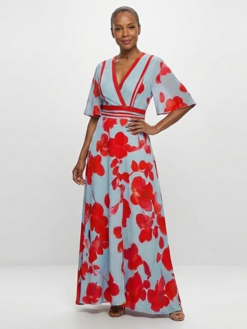 Matilda | V Neck Short Sleeve Floral Maxi Dress