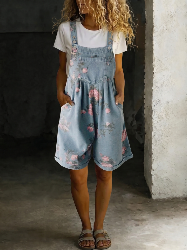 Adriana - Floral Denim Jumpsuit with Soft Cotton Touch and Vintage Wash
