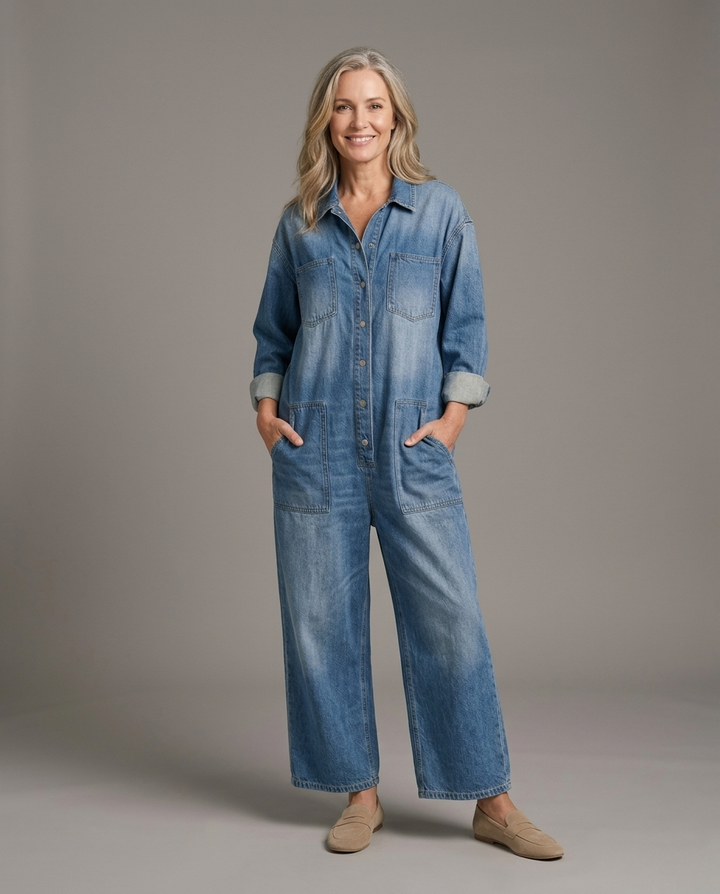 Thalassa Denim Jumpsuit - studio grey background