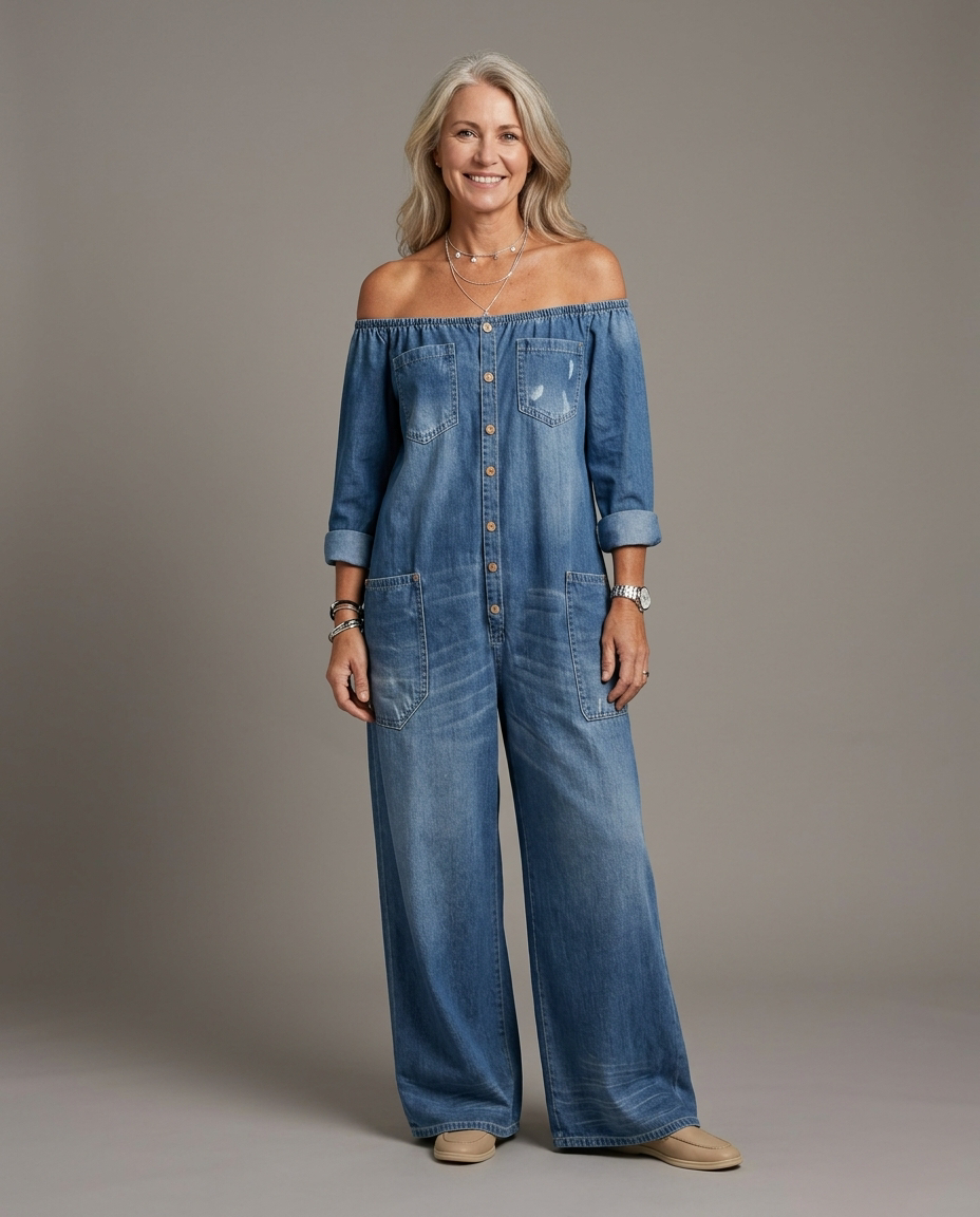 Elena off-shoulder denim jumpsuit - studio grey