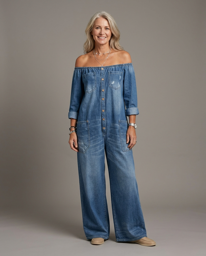 Elena off-shoulder denim jumpsuit - studio grey