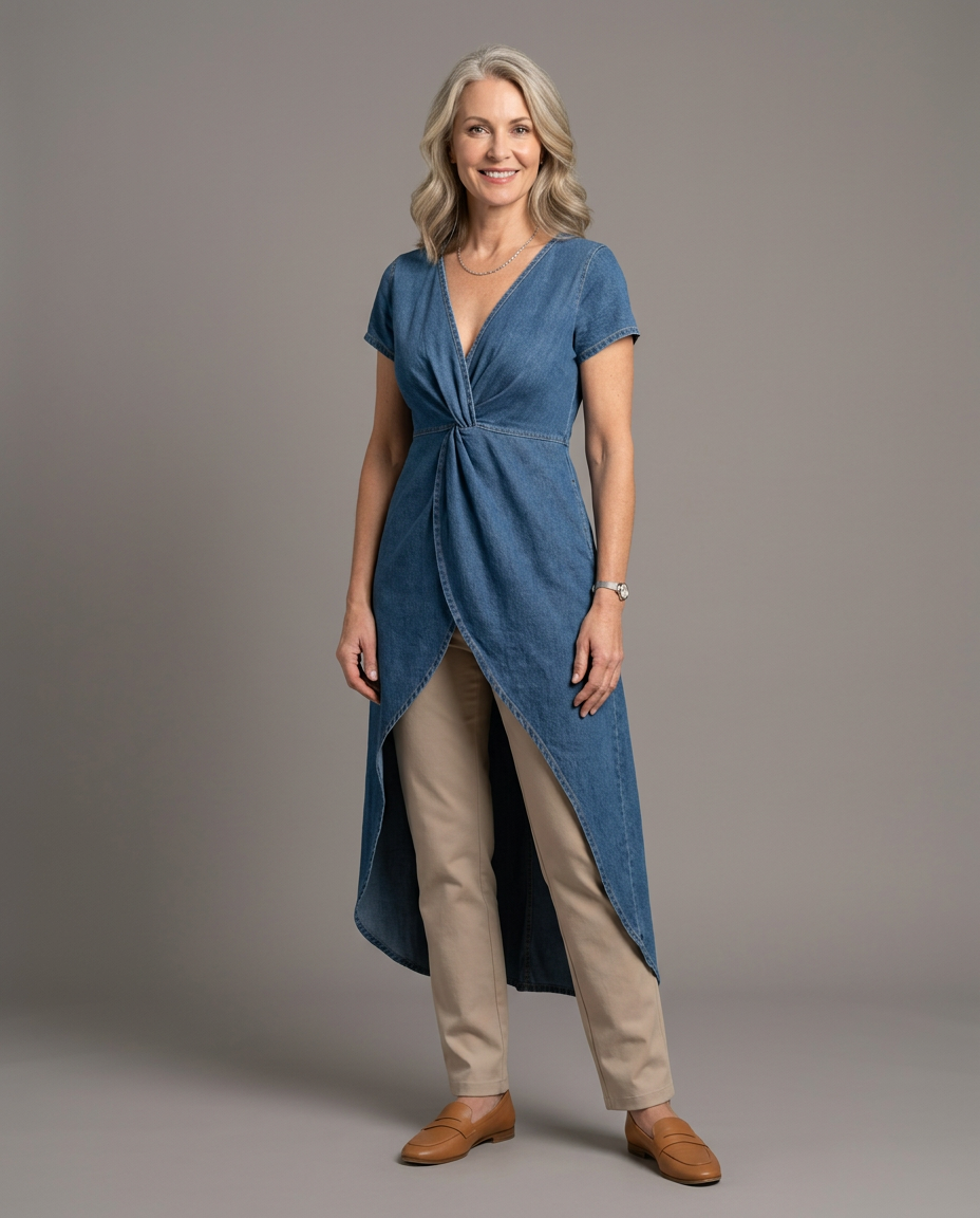 Jessica cross-over denim tunic - studio grey