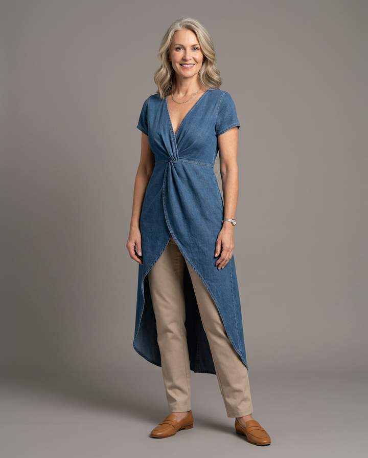 Jessica cross-over denim tunic - studio grey