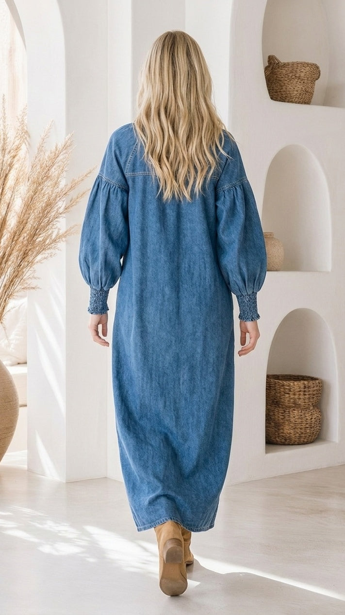 Harper | Denim Lantern Sleeve Maxi Dress