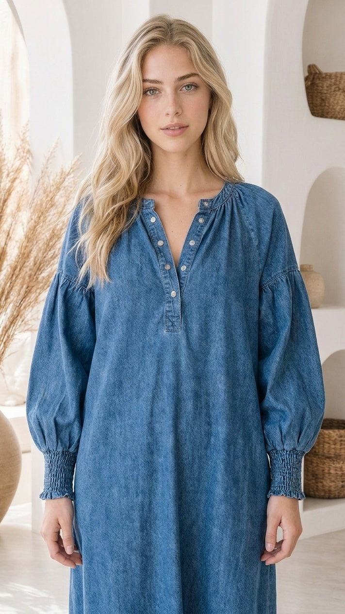 Harper | Denim Lantern Sleeve Maxi Dress